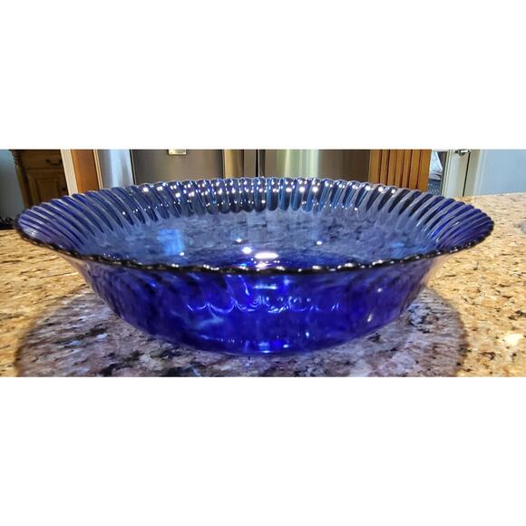 Vintage COLOREX 9.5” Serving Bowl Made In Brazil Cobalt Ribbed Glass Edge - Picture 5 of 11